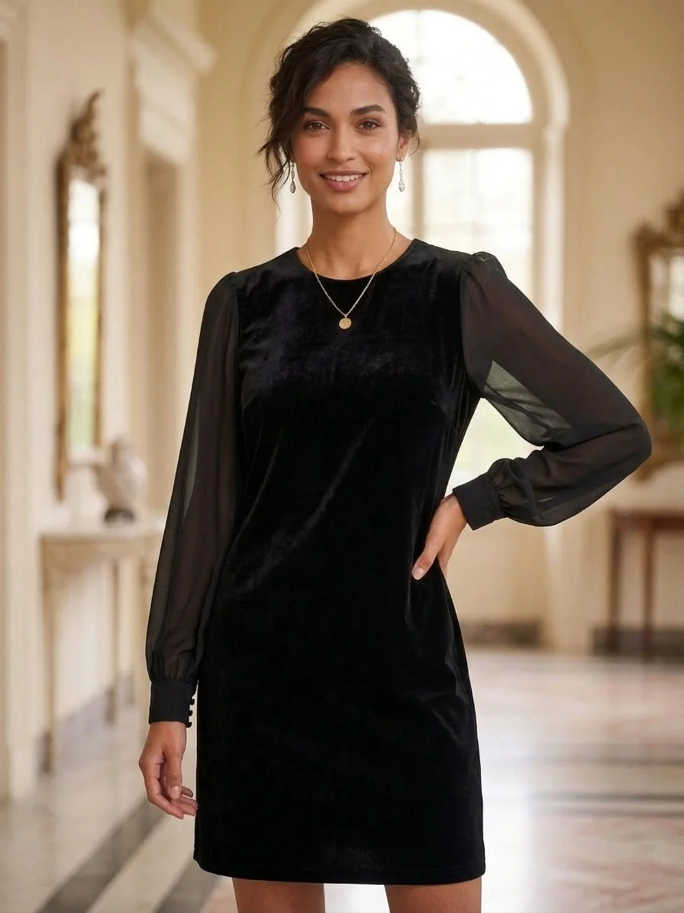 J.Crew Black Velvet Shift Cocktail Dress Sheer Chiffon Sleeves Women’s Size 10